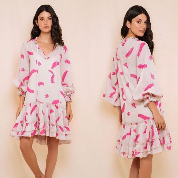 KLEID Dress Ruffle Printed Long Sleeve Pink Sheer Mini Dress Size XS - Picture 1 of 7